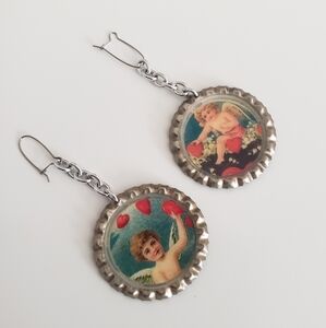Upcycled Boho Cherub Angel Metal Bottle Cap Dangly Earrings